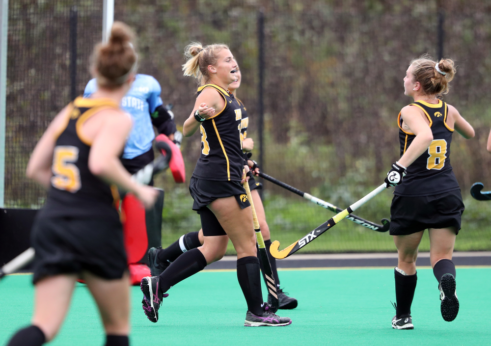 Iowa Hawkeyes forward Leah Zellner (13) celebrates after scoring during a 2-1 victory against the Ohio State Buckeyes Friday, September 27, 2019 at Grant Field. (Brian Ray/hawkeyesports.com)