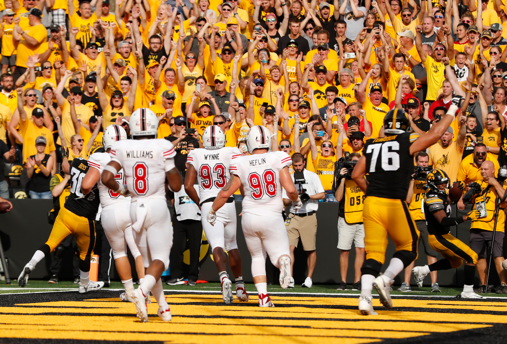 Iowa Hawkeyes running back Ivory Kelly-Martin (21) scores against the Northern Illinois Huskies Saturday, September 1, 2018 at Kinnick Stadium. (Brian Ray/hawkeyesports.com)