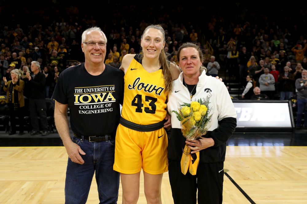 Iowa Hawkeyes forward Amanda Ollinger (43) during senior day activities following their win over the Minnesota Golden Gophers Thursday, February 27, 2020 at Carver-Hawkeye Arena. (Brian Ray/hawkeyesports.com)