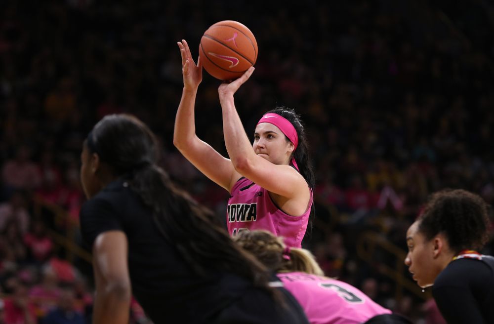 Iowa Hawkeyes forward Megan Gustafson (10) shoots free throws against the seventh ranked Maryland Terrapins Sunday, February 17, 2019 at Carver-Hawkeye Arena. (Brian Ray/hawkeyesports.com)