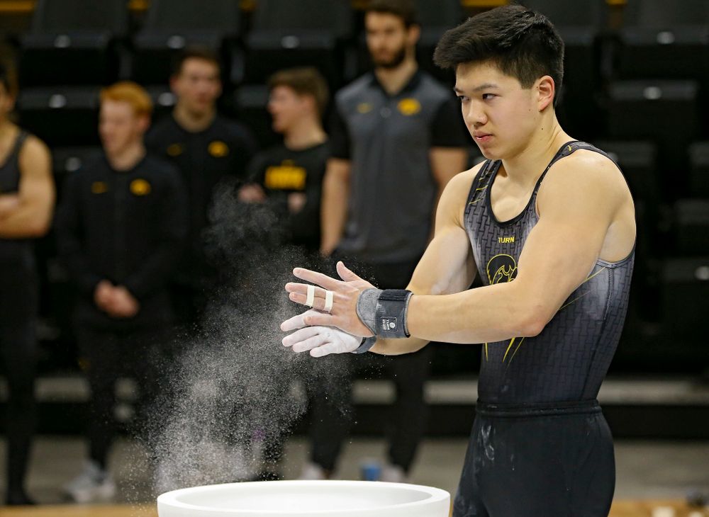 Iowa's Bennet Huang competes in the pommel horse against Ohio State at Caver-Hawkeye Arena in Iowa City on Saturday, Mar. 16, 2019. (Stephen Mally for HawkeyeSports.com)