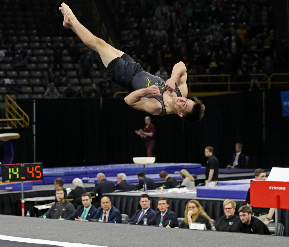 Iowa's Kulani Taylor competes in the floor during the first day of the Big Ten Men's Gymnastics Championships at Carver-Hawkeye Arena in Iowa City on Friday, Apr. 5, 2019. (Stephen Mally/hawkeyesports.com)