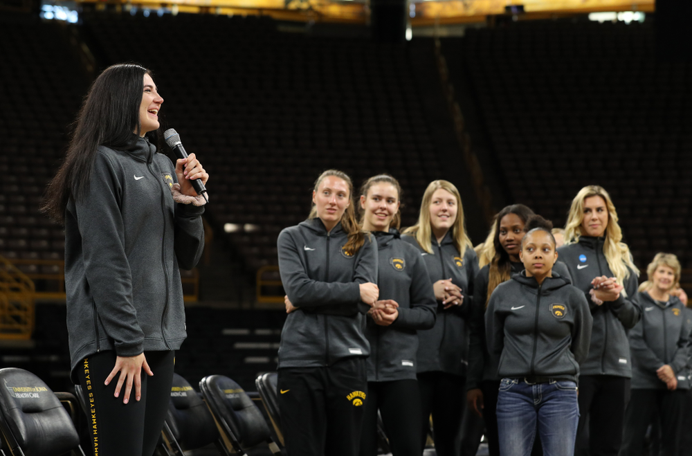 Iowa Hawkeyes forward Megan Gustafson (10) speaks after finding out her jersey will be retired at a ceremony next season during the teamÕs Celebr-Eight event Wednesday, April 24, 2019 at Carver-Hawkeye Arena. (Brian Ray/hawkeyesports.com)