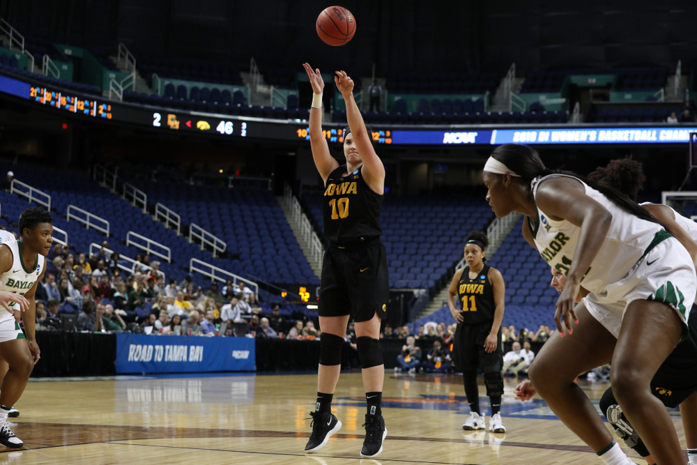 Iowa Hawkeyes forward Megan Gustafson (10) against the Baylor Lady Bears in the regional final of the 2019 NCAA Women's College Basketball Tournament Monday, April 1, 2019 at Greensboro Coliseum in Greensboro, NC.(Brian Ray/hawkeyesports.com)