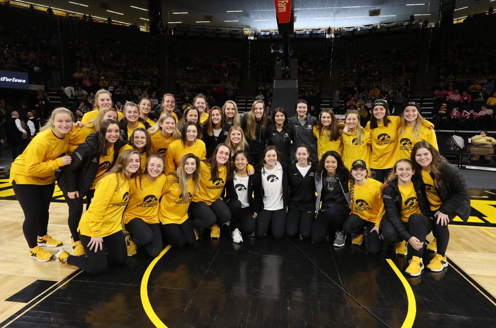 The Iowa Field Hockey Team, Soccer Team, Tennis Team, and Volleyball team play Simon Sez as they celebrate National Girls and Women in Sports day during halftime of the Iowa Hawkeyes game against the seventh ranked Maryland Terrapins Sunday, February 17, 2019 at Carver-Hawkeye Arena. (Brian Ray/hawkeyesports.com)