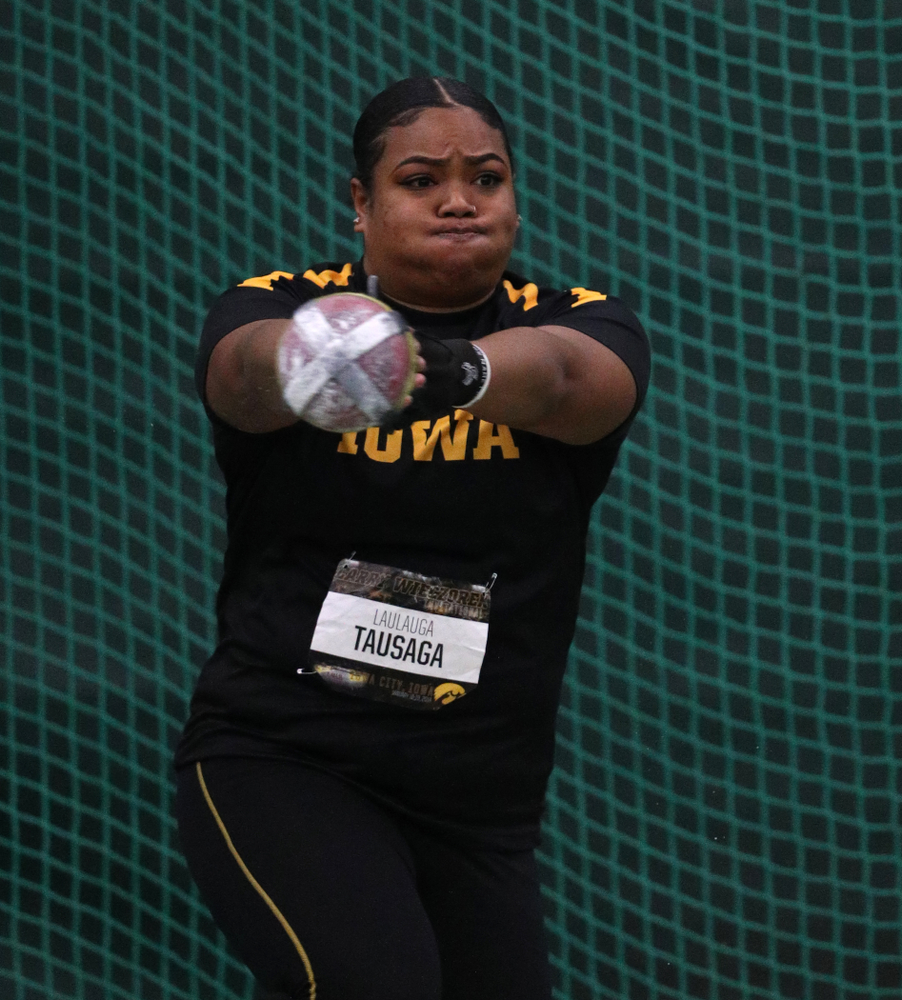 Iowa's Laulauga Tausaga competes in the weight throw during the 2019 Larry Wieczorek Invitational Friday, January 18, 2019 at the Hawkeye Tennis and Recreation Center. (Brian Ray/hawkeyesports.com)