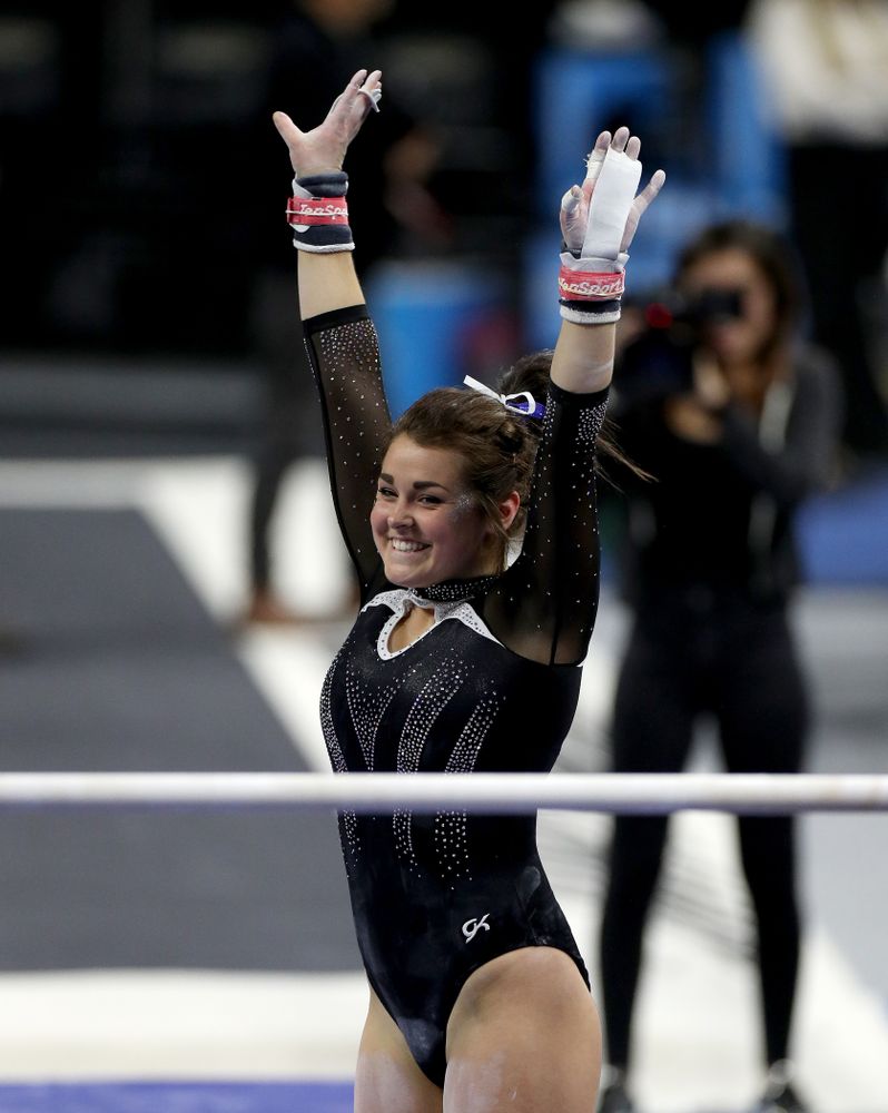 Iowa’s Erin Castle competes on the bars against Michigan State Saturday, February 1, 2020 at Carver-Hawkeye Arena. (Brian Ray/hawkeyesports.com)