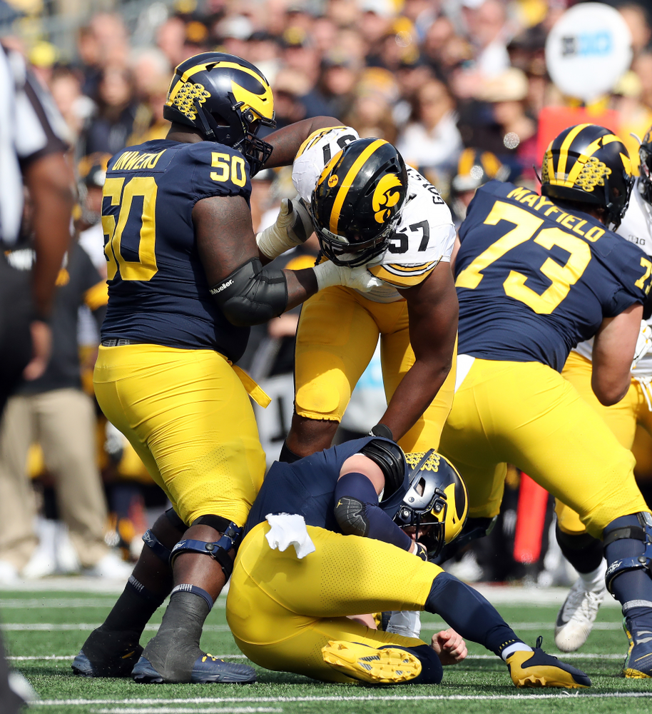 Iowa Hawkeyes defensive end Chauncey Golston (57) against the Michigan Wolverines Saturday, October 5, 2019 at Michigan Stadium in Ann Arbor, MI. (Brian Ray/hawkeyesports.com)