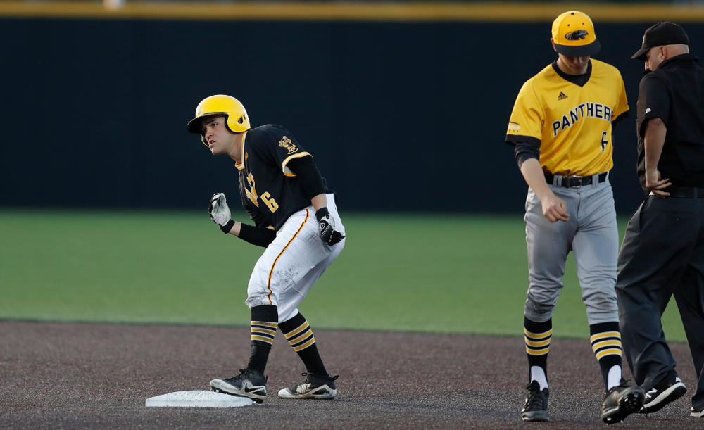 Iowa Hawkeyes outfielder Justin Jenkins (6) against Milwaukee Wednesday, April 25, 2018 at Duane Banks Field. (Brian Ray/hawkeyesports.com)