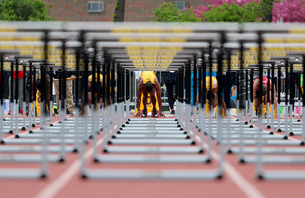 Iowa's Anthony Williams waits in the blocks for the start of the men’s 110 meter hurdles event on the third day of the Big Ten Outdoor Track and Field Championships at Francis X. Cretzmeyer Track in Iowa City on Sunday, May. 12, 2019. (Stephen Mally/hawkeyesports.com)