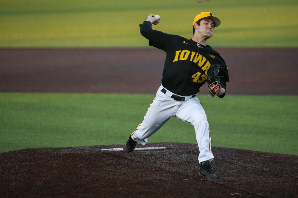 Iowa pitcher Grant Leonard at the game vs. Bradley on Tuesday, March 26, 2019 at (place). (Lily Smith/hawkeyesports.com)