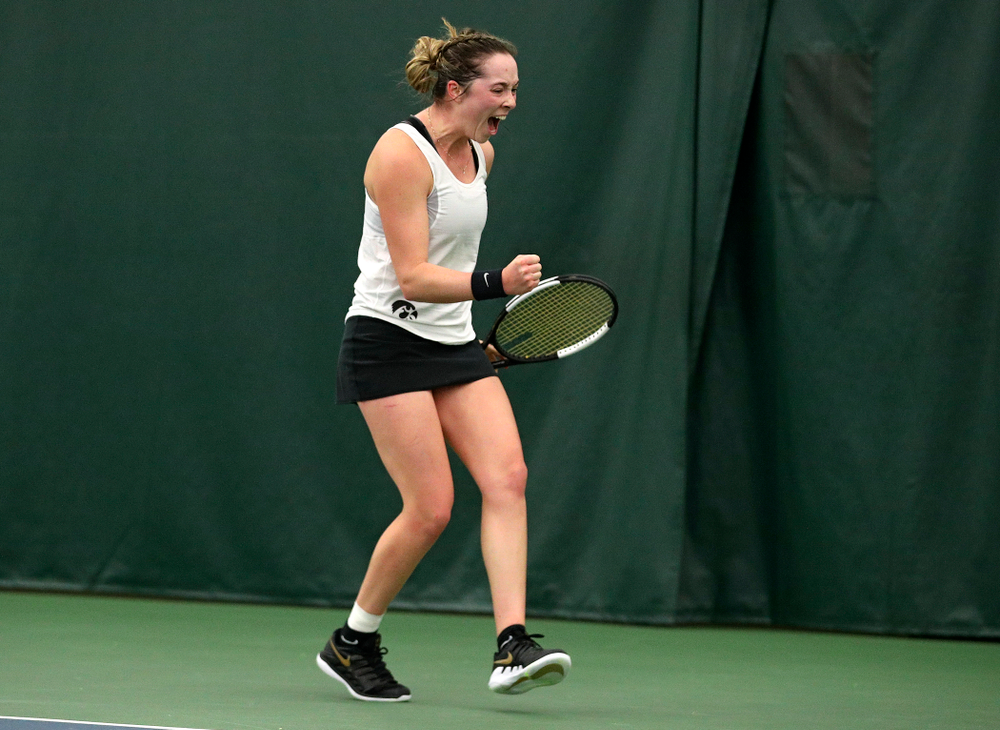 Iowa’s Samantha Mannix celebrates a point during her singles match at the Hawkeye Tennis and Recreation Complex in Iowa City on Sunday, February 23, 2020. (Stephen Mally/hawkeyesports.com)