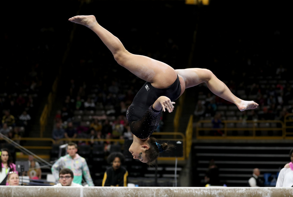 Iowa’s Dani Castillo competes on the beam against Michigan Friday, February 14, 2020 at Carver-Hawkeye Arena. (Brian Ray/hawkeyesports.com)