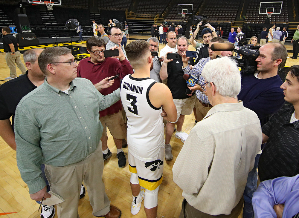 Iowa Hawkeyes guard Jordan Bohannon (3) answers questions during Iowa Men’s Basketball Media Day at Carver-Hawkeye Arena in Iowa City on Wednesday, Oct 9, 2019. (Stephen Mally/hawkeyesports.com)