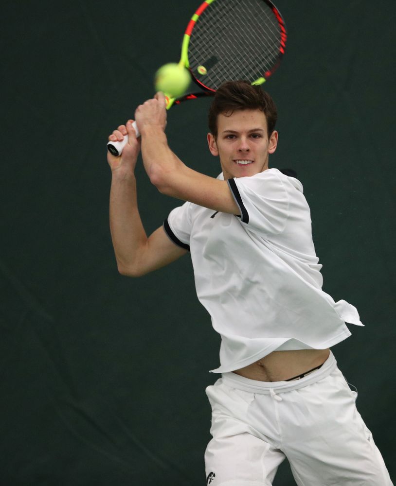 Iowa's Piotr Smietana against North Dakota Friday, January 25, 2019 at the Hawkeye Tennis and Recreation Complex. (Brian Ray/hawkeyesports.com)
