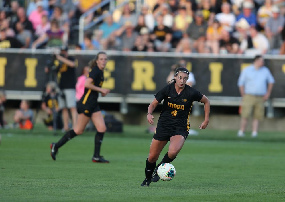 Iowa Hawkeyes forward Kaleigh Haus (4) during a 2-1 victory over the Iowa State Cyclones Thursday, August 29, 2019 in the Iowa Corn Cy-Hawk series at the Iowa Soccer Complex. (Brian Ray/hawkeyesports.com)