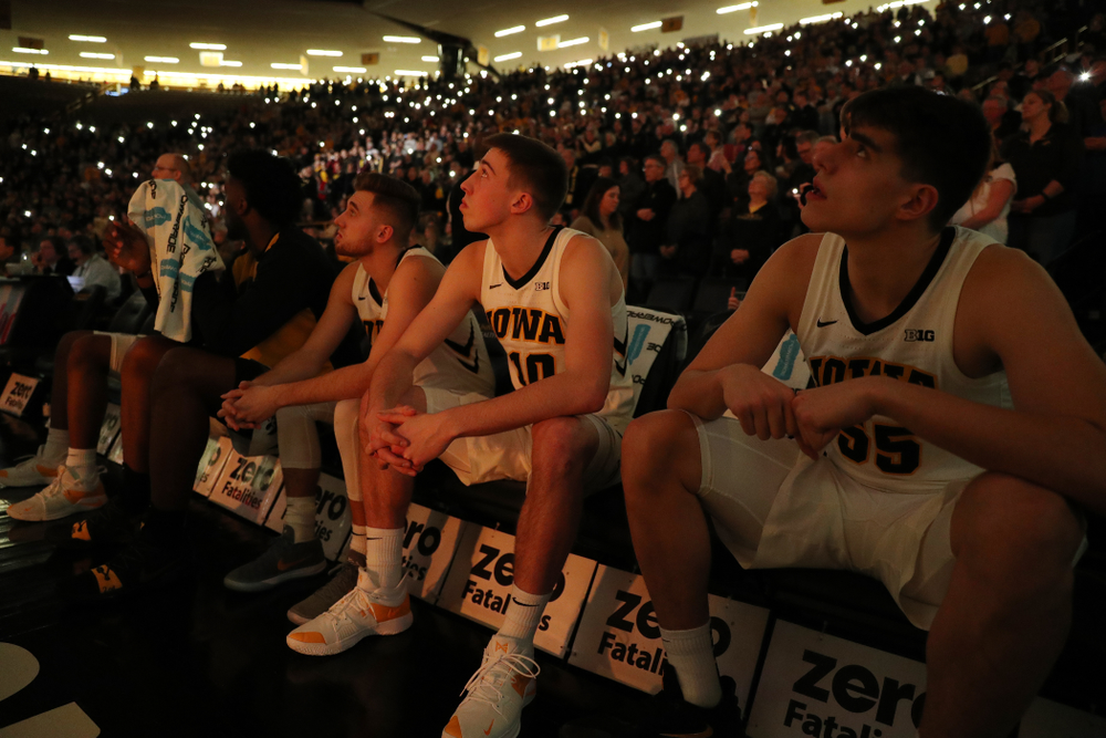 Iowa Hawkeyes guard Jordan Bohannon (3), guard Joe Wieskamp (10), and forward Luka Garza (55) against the Northwestern Wildcats Sunday, February 10, 2019 at Carver-Hawkeye Arena. (Brian Ray/hawkeyesports.com)