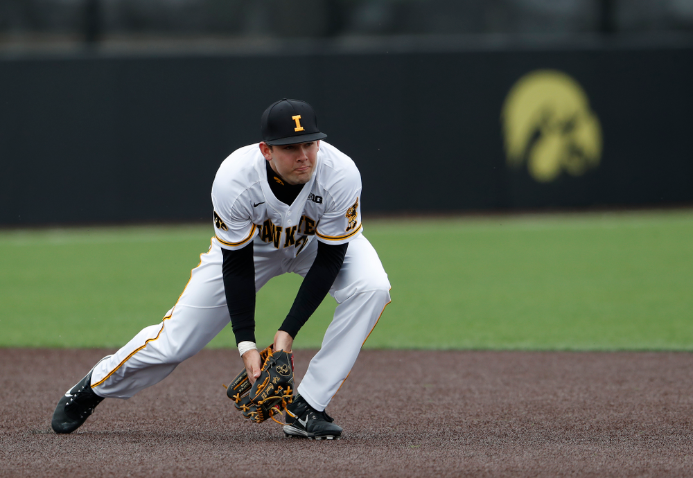 Iowa Hawkeyes infielder Kyle Crowl (23) during a double header against the Indiana Hoosiers Friday, March 23, 2018 at Duane Banks Field. (Brian Ray/hawkeyesports.com)