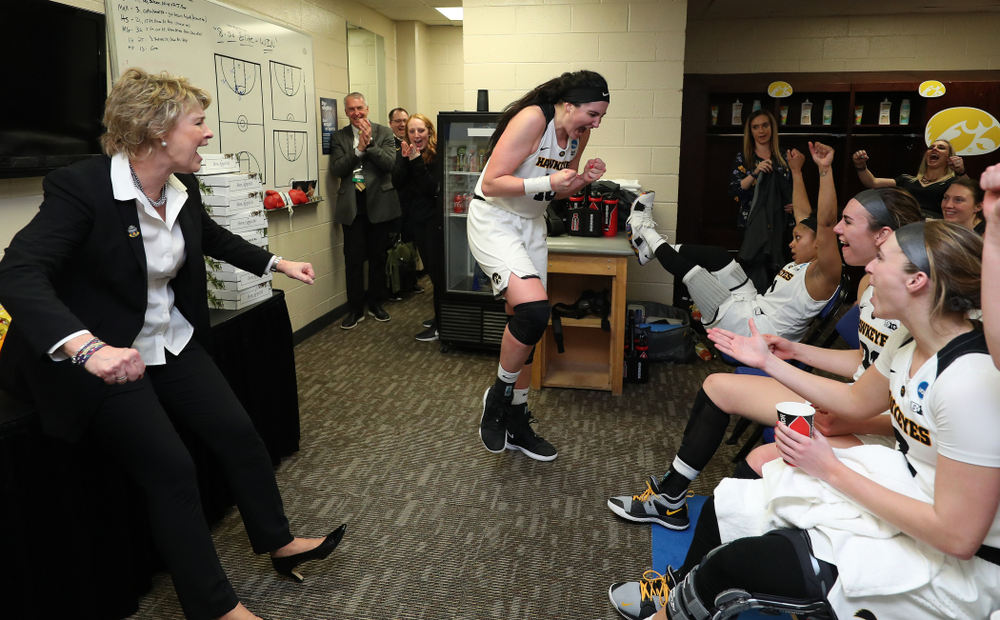 Iowa Hawkeyes head coach Lisa Bluder and forward Megan Gustafson (10) against the NC State Wolfpack in the regional semi-final of the 2019 NCAA Women's College Basketball Tournament Saturday, March 30, 2019 at Greensboro Coliseum in Greensboro, NC.(Brian Ray/hawkeyesports.com)