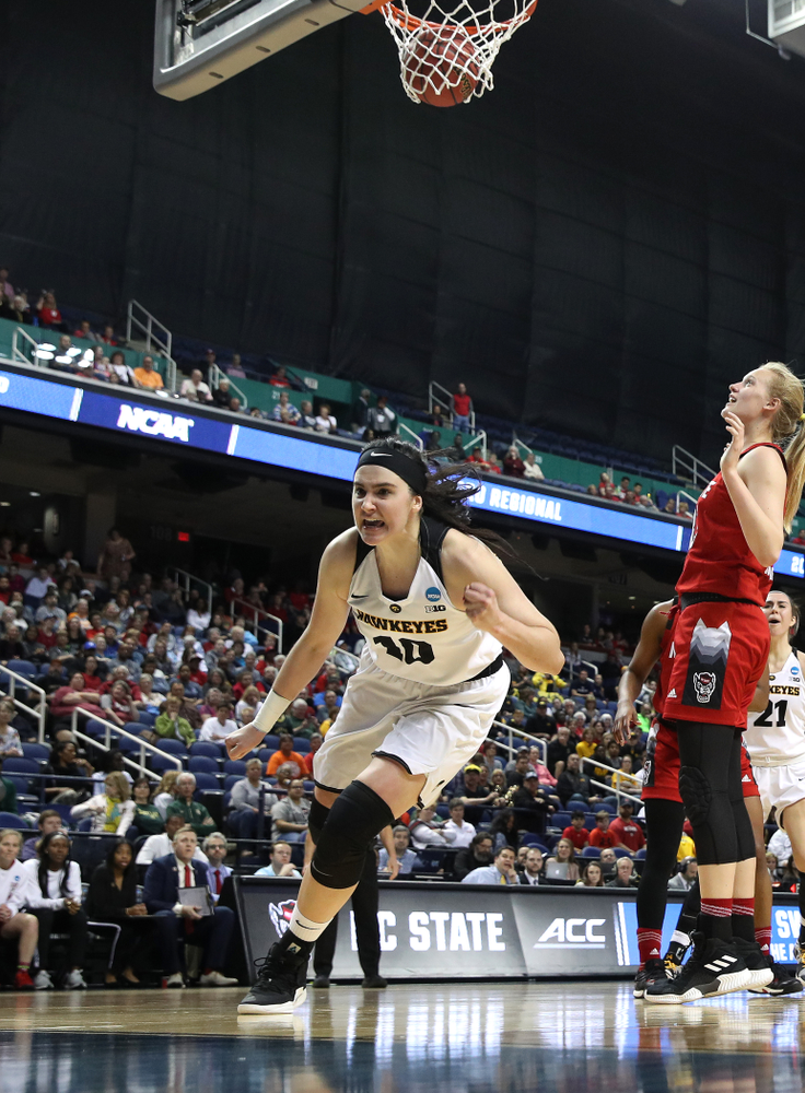 Iowa Hawkeyes forward Megan Gustafson (10) against the NC State Wolfpack in the regional semi-final of the 2019 NCAA Women's College Basketball Tournament Saturday, March 30, 2019 at Greensboro Coliseum in Greensboro, NC.(Brian Ray/hawkeyesports.com)