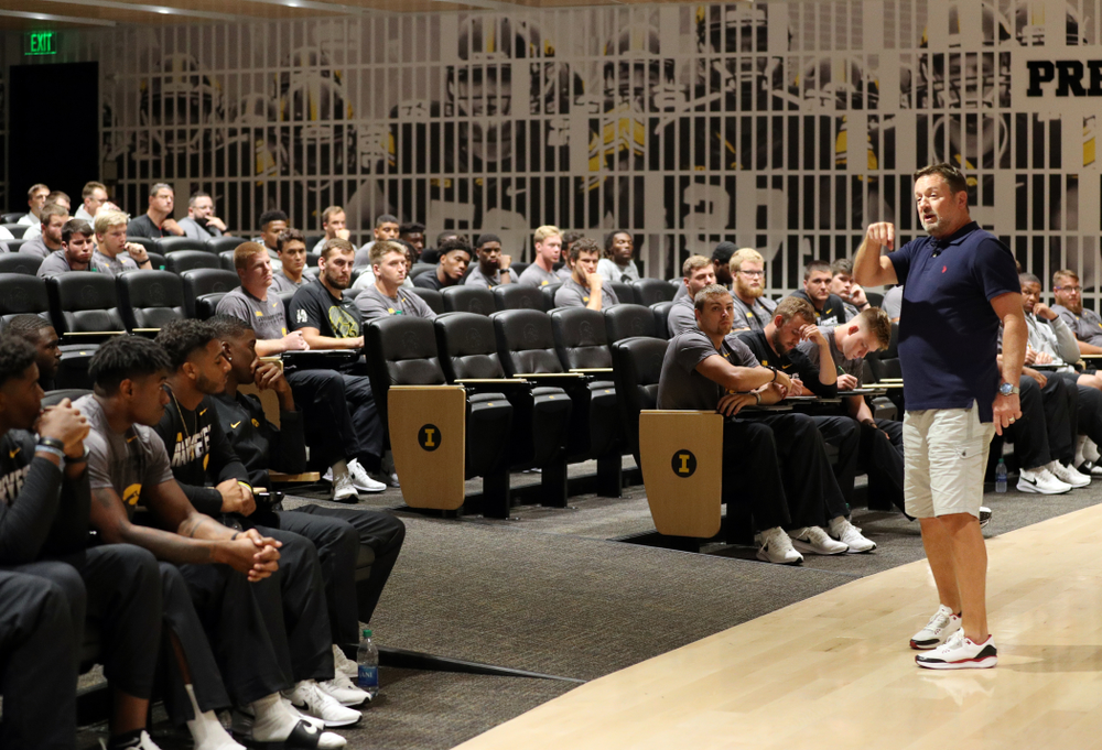 Former University of Iowa defensive back and Oklahoma Head Coach Bob Stoops addresses the Hawkeye Football team as the honorary captain for their game against Miami, Ohio Friday, August 30, 2019 at the Hansen Football Performance Center. (Brian Ray/hawkeyesports.com)