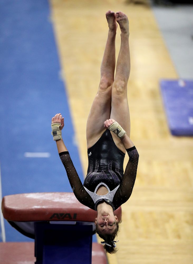 Iowa’s Bridget Killian competes on the vault against Michigan State Saturday, February 1, 2020 at Carver-Hawkeye Arena. (Brian Ray/hawkeyesports.com)