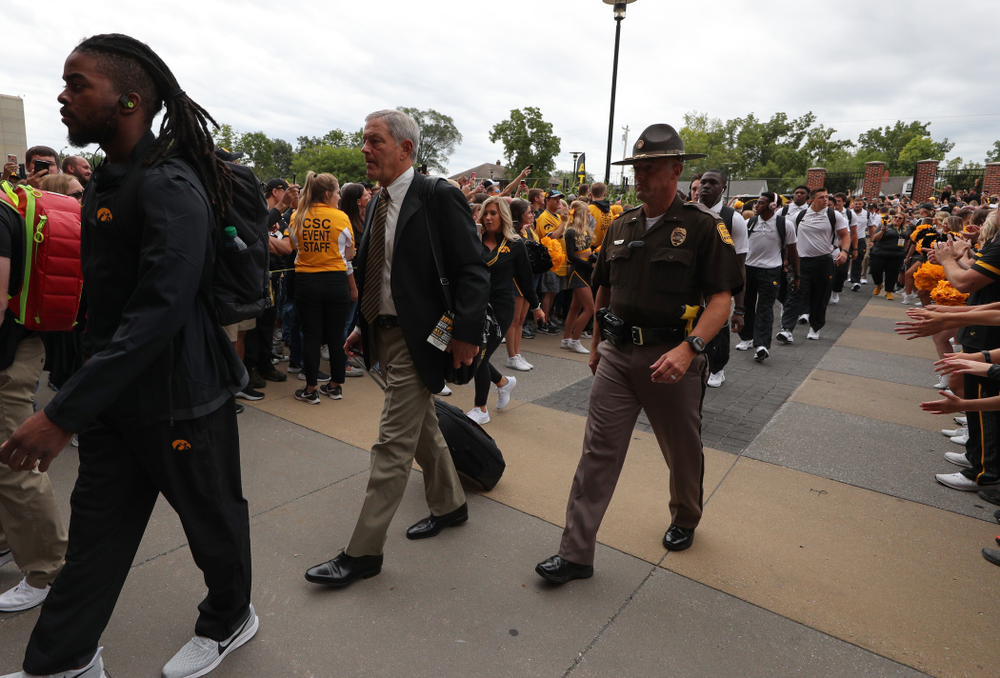 Iowa Hawkeyes head coach Kirk Ferentz arrives for their game against the Miami RedHawks Saturday, August 31, 2019 at Kinnick Stadium in Iowa City. (Brian Ray/hawkeyesports.com)
