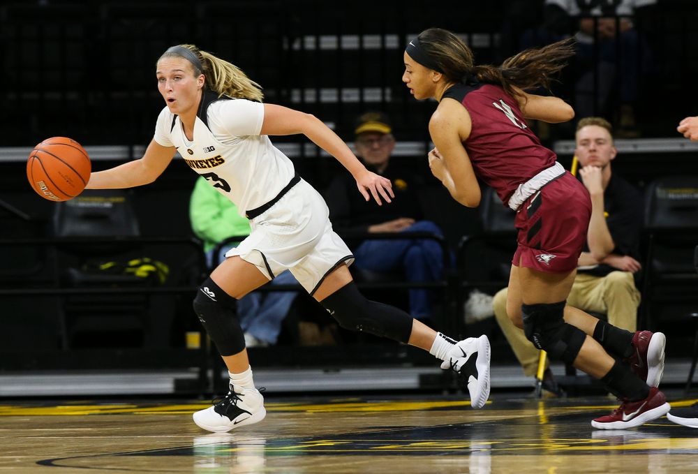 Iowa Hawkeyes guard Makenzie Meyer (3) grabs a rebound during a game against North Carolina Central at Carver-Hawkeye Arena on November 17, 2018. (Tork Mason/hawkeyesports.com)