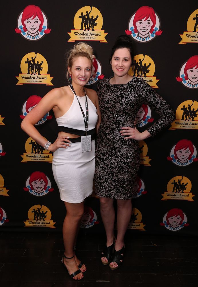 Iowa Hawkeyes forward Megan Gustafson (10) and her sister Emily before the ESPN College Basketball Awards show Friday, April 12, 2019 at The Novo at LA Live. (Brian Ray/hawkeyesports.com)