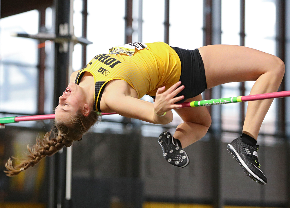 Iowa’s Kelli DeGeorge competes in the women’s high jump event during the Jimmy Grant Invitational at the Recreation Building in Iowa City on Saturday, December 14, 2019. (Stephen Mally/hawkeyesports.com)