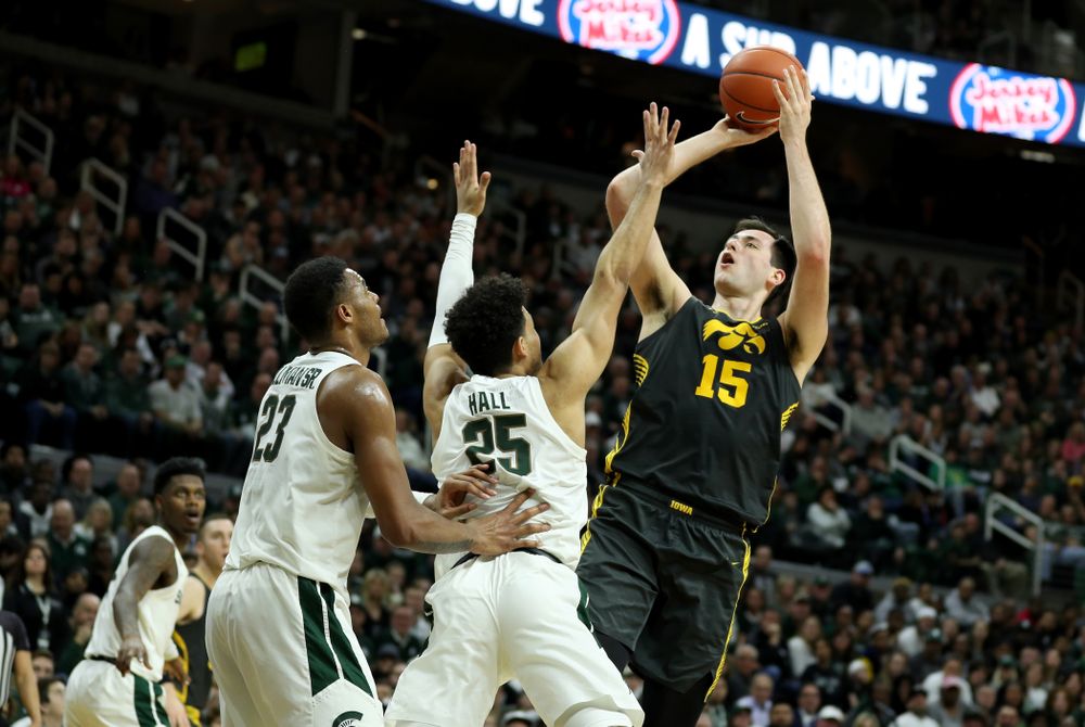 Iowa Hawkeyes forward Ryan Kriener (15) against Michigan State Tuesday, February 25, 2020 at the Breslin Center in East Lansing, MI. (Brian Ray/hawkeyesports.com)