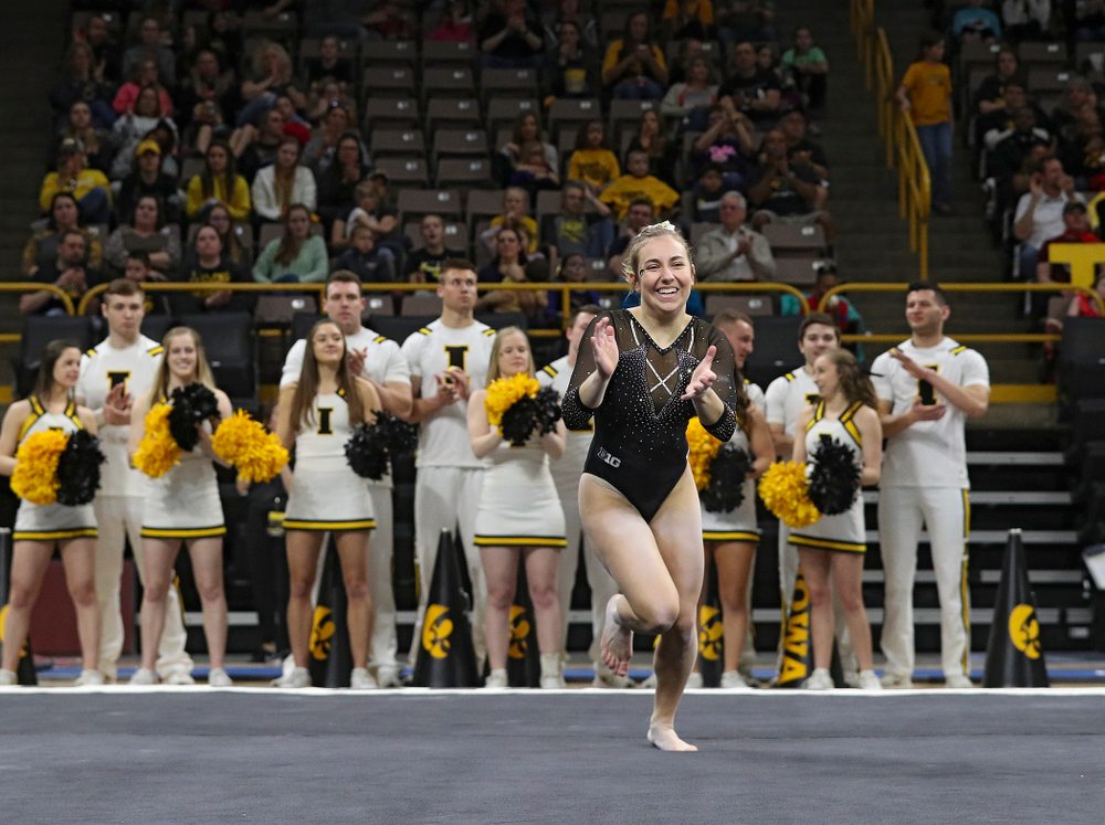Iowa’s Alex Greenwald competes on the floor during their meet at Carver-Hawkeye Arena in Iowa City on Sunday, March 8, 2020. (Stephen Mally/hawkeyesports.com)