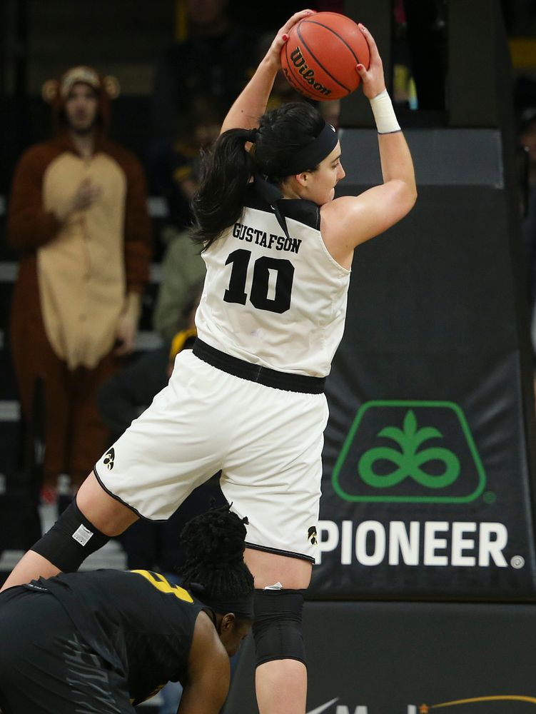 Iowa Hawkeyes center Megan Gustafson (10) pulls in a rebound during the fourth quarter of their second round game in the 2019 NCAA Women's Basketball Tournament at Carver Hawkeye Arena in Iowa City on Sunday, Mar. 24, 2019. (Stephen Mally for hawkeyesports.com)