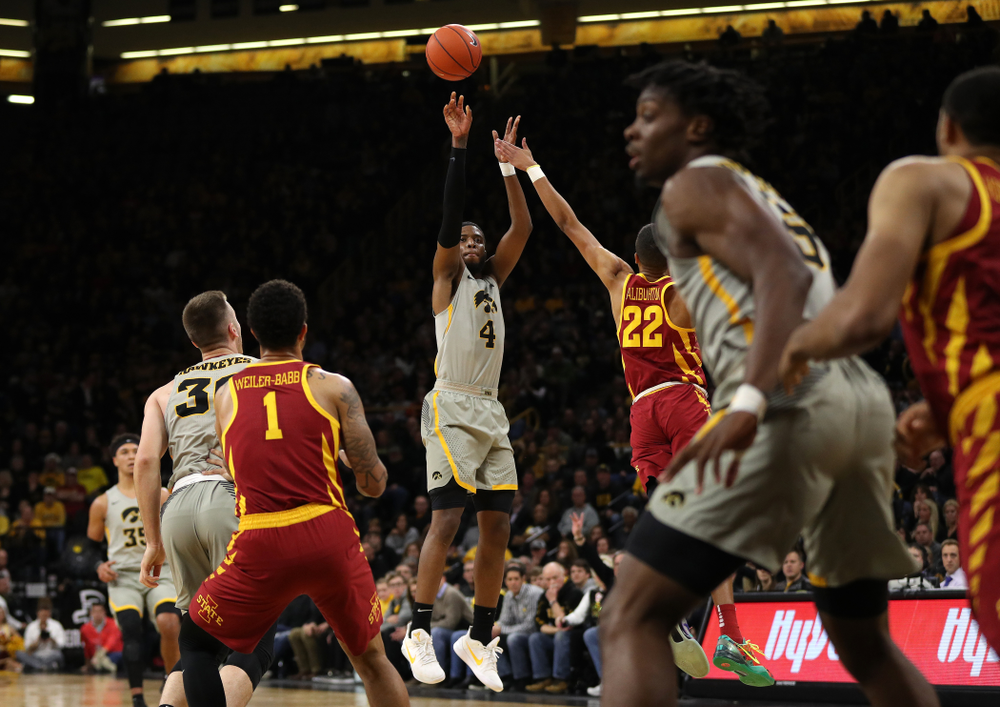 Iowa Hawkeyes guard Isaiah Moss (4) against the Iowa State Cyclones in the Iowa Corn Cy-Hawk Series Thursday, December 6, 2018 at Carver-Hawkeye Arena. (Brian Ray/hawkeyesports.com)
