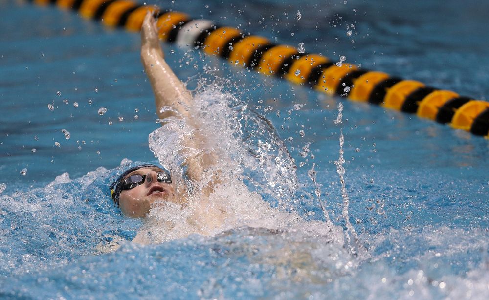 Iowa's John Colin competes in the 200-yard backstroke during the third day of the Hawkeye Invitational at the Campus Recreation and Wellness Center on November 17, 2018. (Tork Mason/hawkeyesports.com)
