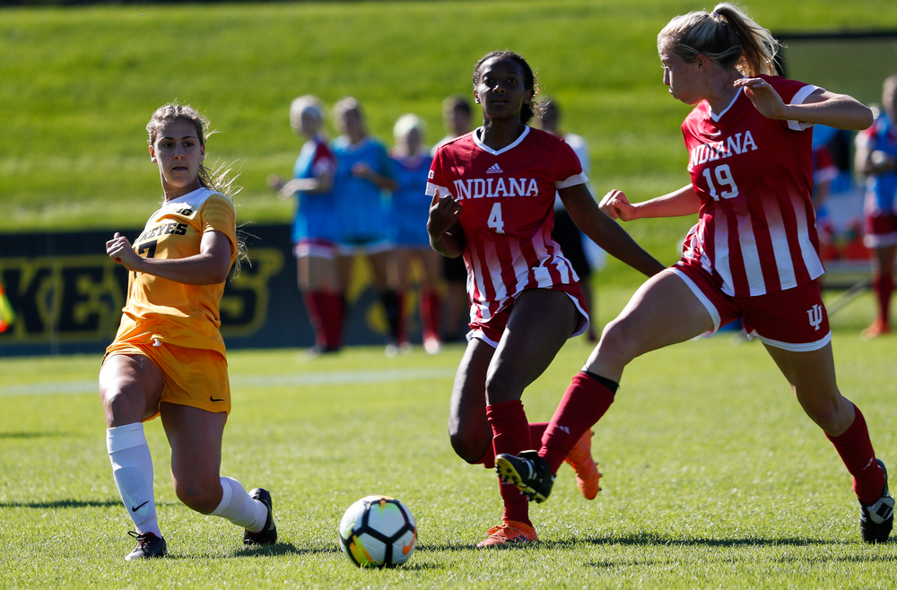Iowa Hawkeyes defender Hannah Drkulec (17) passes the ball during a game against Indiana at the Iowa Soccer Complex on September 23, 2018. (Tork Mason/hawkeyesports.com)