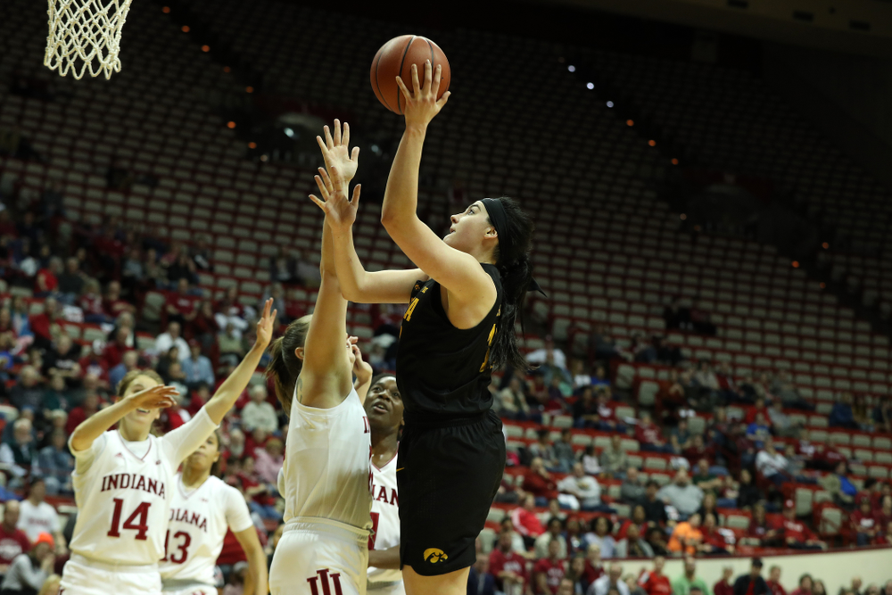 Iowa Hawkeyes forward Megan Gustafson (10) against the Indiana Hoosiers Thursday, February 21, 2019 at Simon Skjodt Assembly Hall. (Brian Ray/hawkeyesports.com)