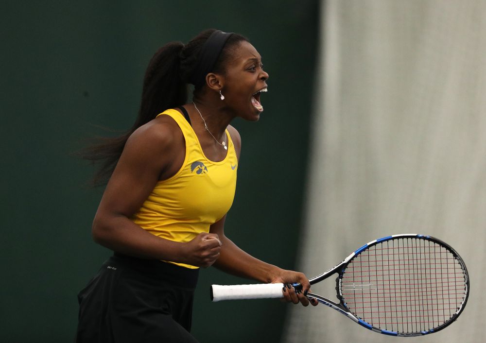 Iowa's Adorabol Huckleby plays a doubles match against Xavier Friday, January 18, 2019 at the Hawkeye Tennis and Recreation Center. (Brian Ray/hawkeyesports.com)