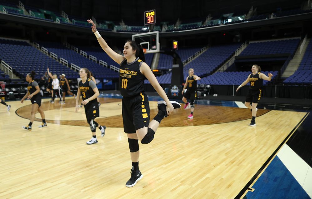 Iowa Hawkeyes forward Megan Gustafson (10) during practice and media before the regional final of the 2019 NCAA Women's College Basketball Tournament against the Baylor Bears Sunday, March 31, 2019 at Greensboro Coliseum in Greensboro, NC.(Brian Ray/hawkeyesports.com)