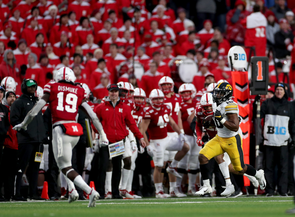 Iowa Hawkeyes running back Mekhi Sargent (10) against the Nebraska Cornhuskers Friday, November 29, 2019 at Memorial Stadium in Lincoln, Neb. (Brian Ray/hawkeyesports.com)