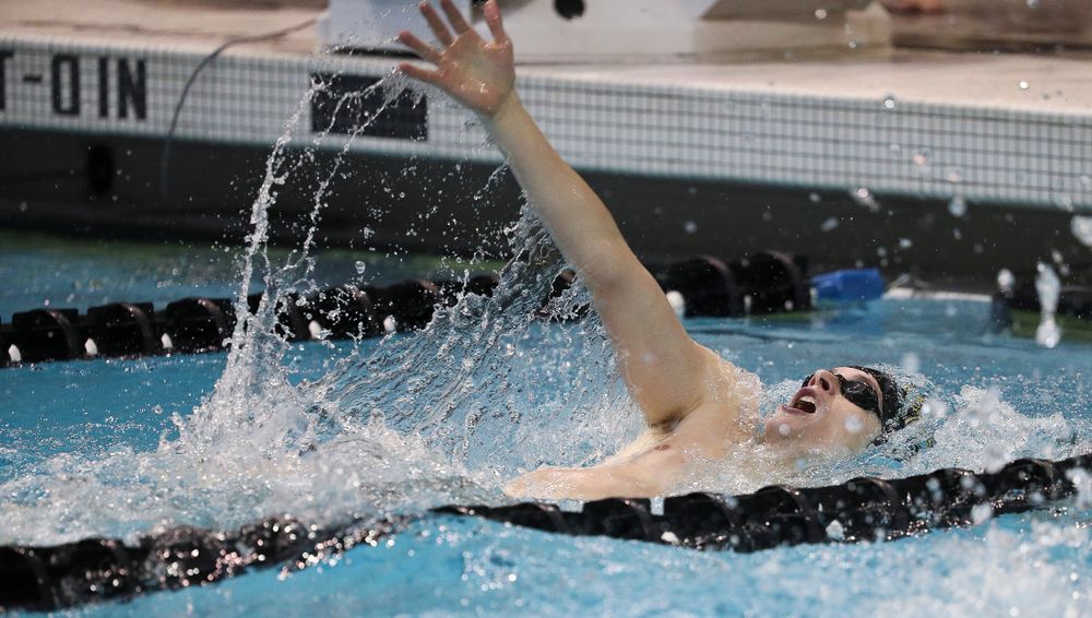 Iowa's Jacob Rosenkoetter competes in the 400-yard medley relay during a meet against Michigan and Denver at the Campus Recreation and Wellness Center on November 3, 2018. (Tork Mason/hawkeyesports.com)