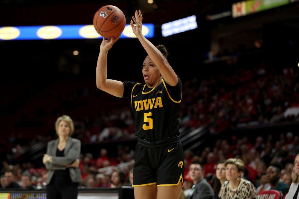Iowa Hawkeyes guard Alexis Sevillian (5) against the Maryland Terrapins Thursday, February 13, 2020 at the Xfinity Center in College Park, MD. (Brian Ray/hawkeyesports.com)