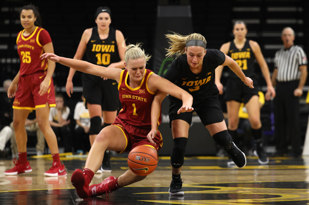 Iowa Hawkeyes guard Makenzie Meyer (3) against the Iowa State Cyclones in the Iowa Corn Cy-Hawk Series Wednesday, December 5, 2018 at Carver-Hawkeye Arena. (Brian Ray/hawkeyesports.com)