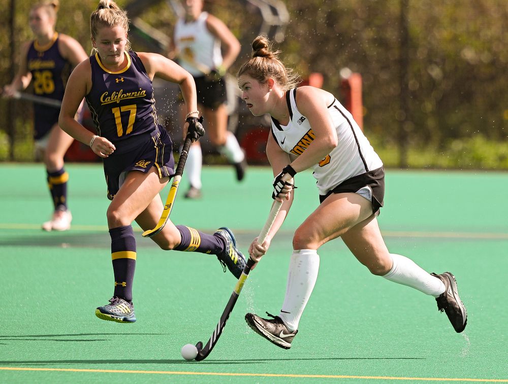 Iowa’s Meghan Conroy (5) moves with the ball during the third quarter of their game at Grant Field in Iowa City on Friday, Sep 13, 2019. (Stephen Mally/hawkeyesports.com)