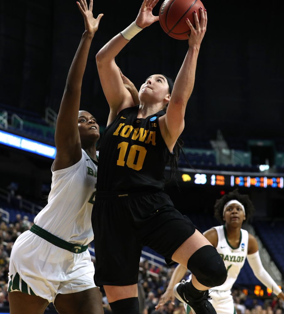 Iowa Hawkeyes forward Megan Gustafson (10) against the Baylor Lady Bears in the regional final of the 2019 NCAA Women's College Basketball Tournament Monday, April 1, 2019 at Greensboro Coliseum in Greensboro, NC.(Brian Ray/hawkeyesports.com)