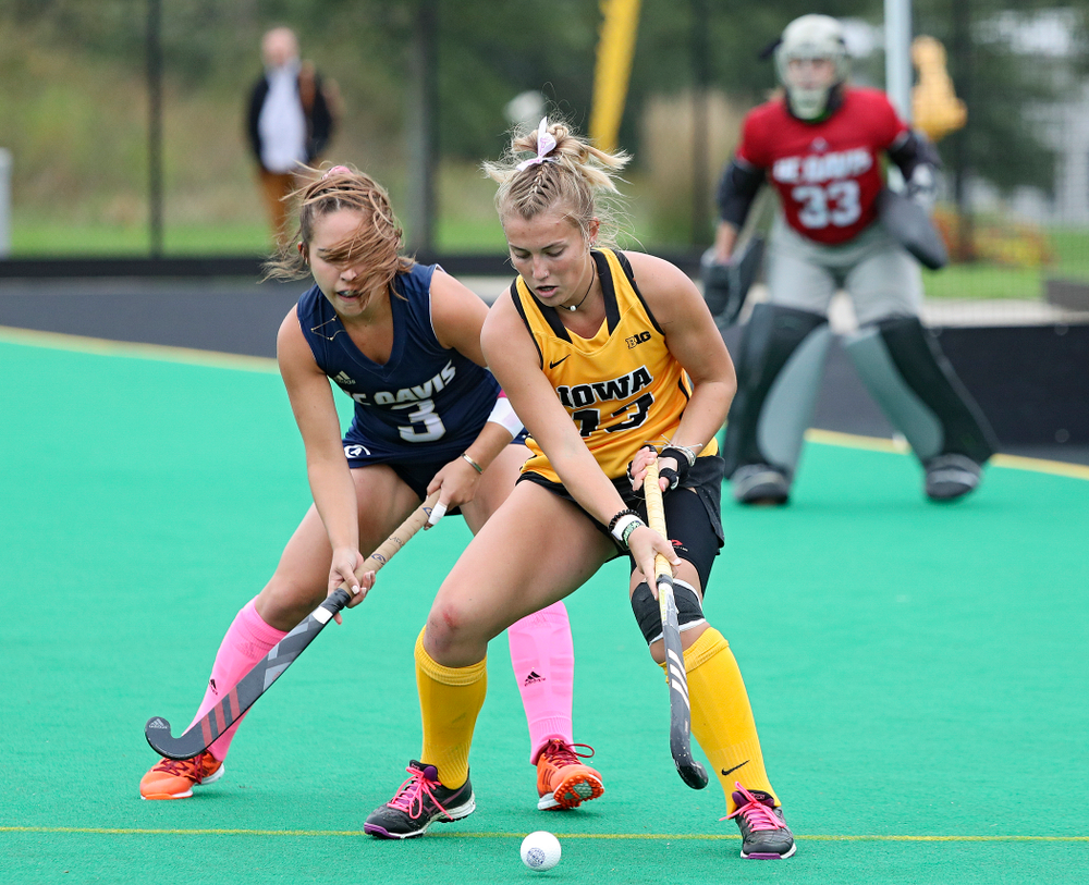 Iowa’s Leah Zellner (13) gets position on the ball during the third quarter of their game against UC Davis at Grant Field in Iowa City on Sunday, Oct 6, 2019. (Stephen Mally/hawkeyesports.com)