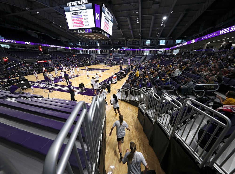 The Hawkeyes take the court before their game at Welsh-Ryan Arena in Evanston, Ill. on Sunday, January 5, 2020. (Stephen Mally/hawkeyesports.com)