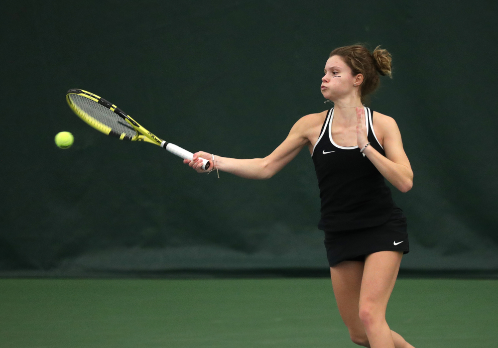 Iowa's Cloe Ruette against the Penn State Nittany Lions Sunday, February 24, 2019 at the Hawkeye Tennis and Recreation Complex. (Brian Ray/hawkeyesports.com)