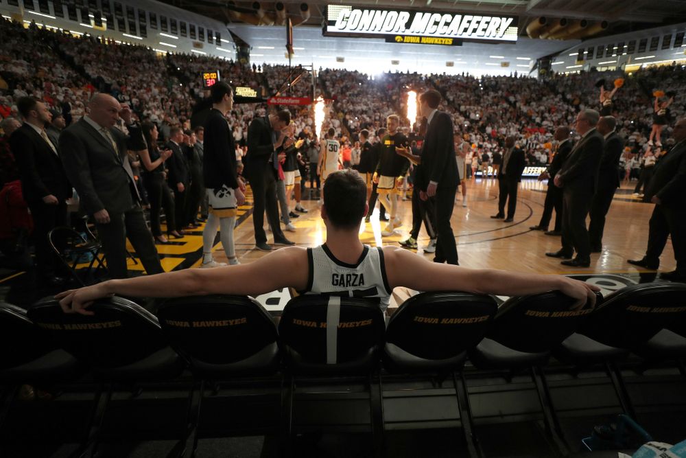 Iowa Hawkeyes forward Luka Garza (55) is introduced before their game against the Illinois Fighting Illini Sunday, February 2, 2020 at Carver-Hawkeye Arena. (Brian Ray/hawkeyesports.com)