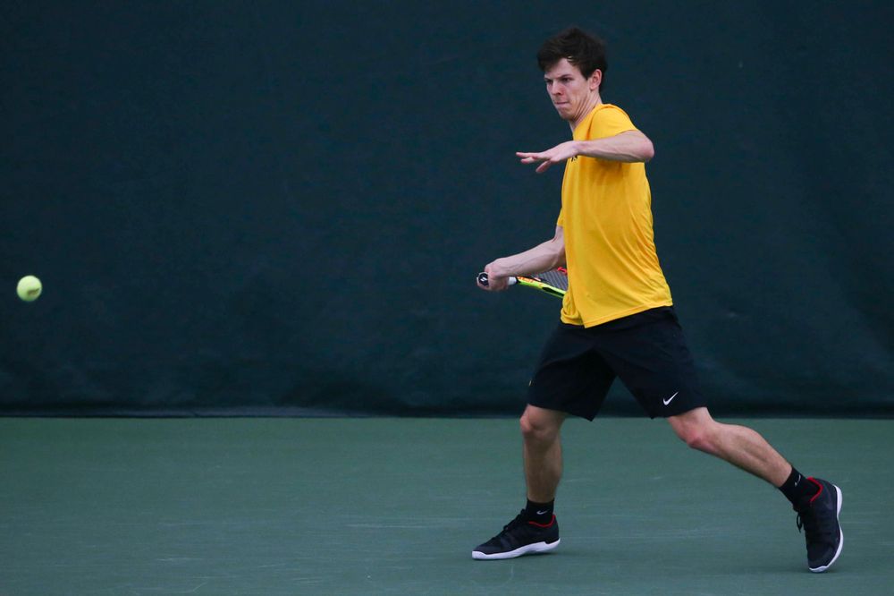 Iowa's Joe Tyler at a tennis match vs Drake Friday, March 8, 2019 at the Hawkeye Tennis and Recreation Complex. (Lily Smith/hawkeyesports.com)